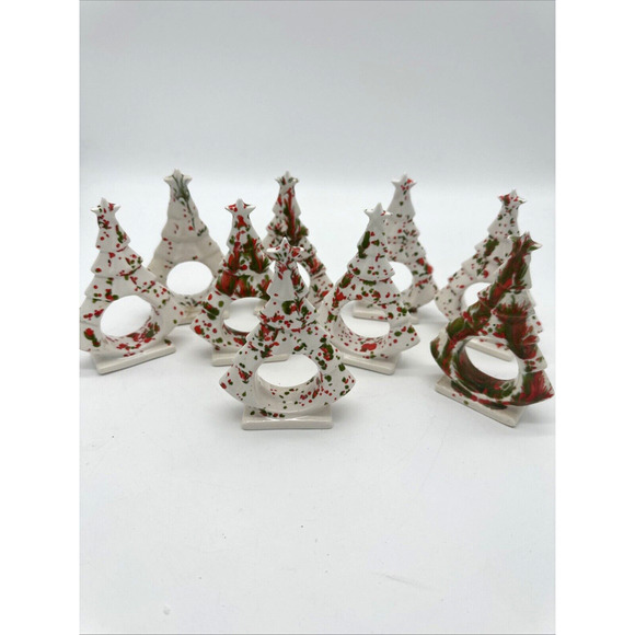 9 Vintage 3D Ceramic Christmas Tree Napkin Rings Holders White, Red, Green - Picture 1 of 5